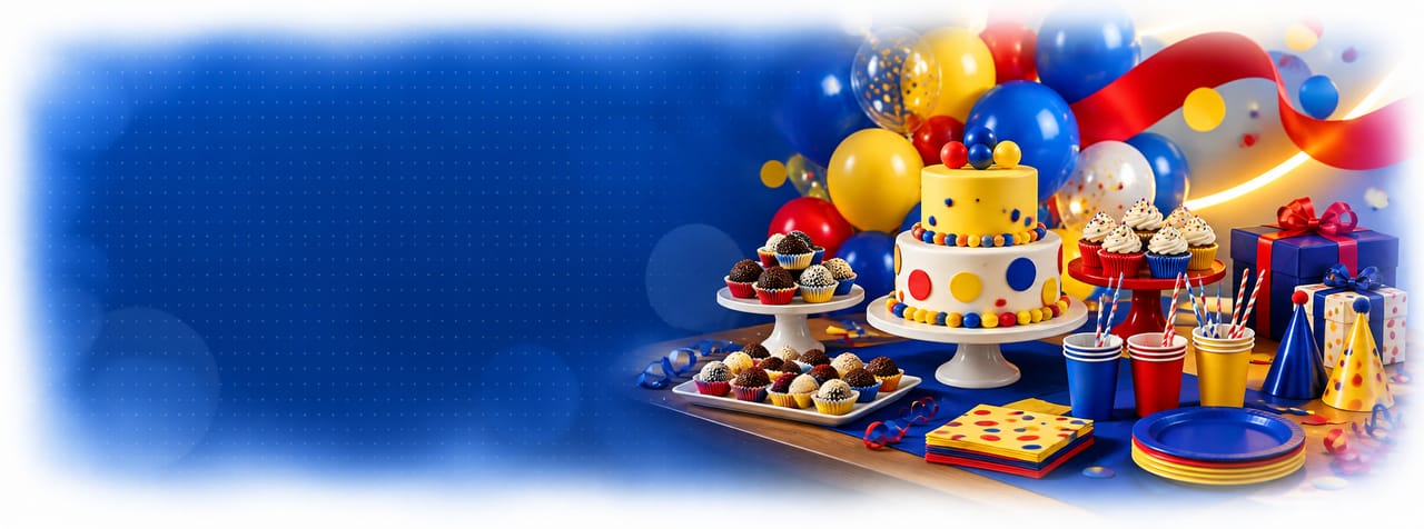 Mesa de festa com bolo, docinhos, balões, copos e pratos coloridos